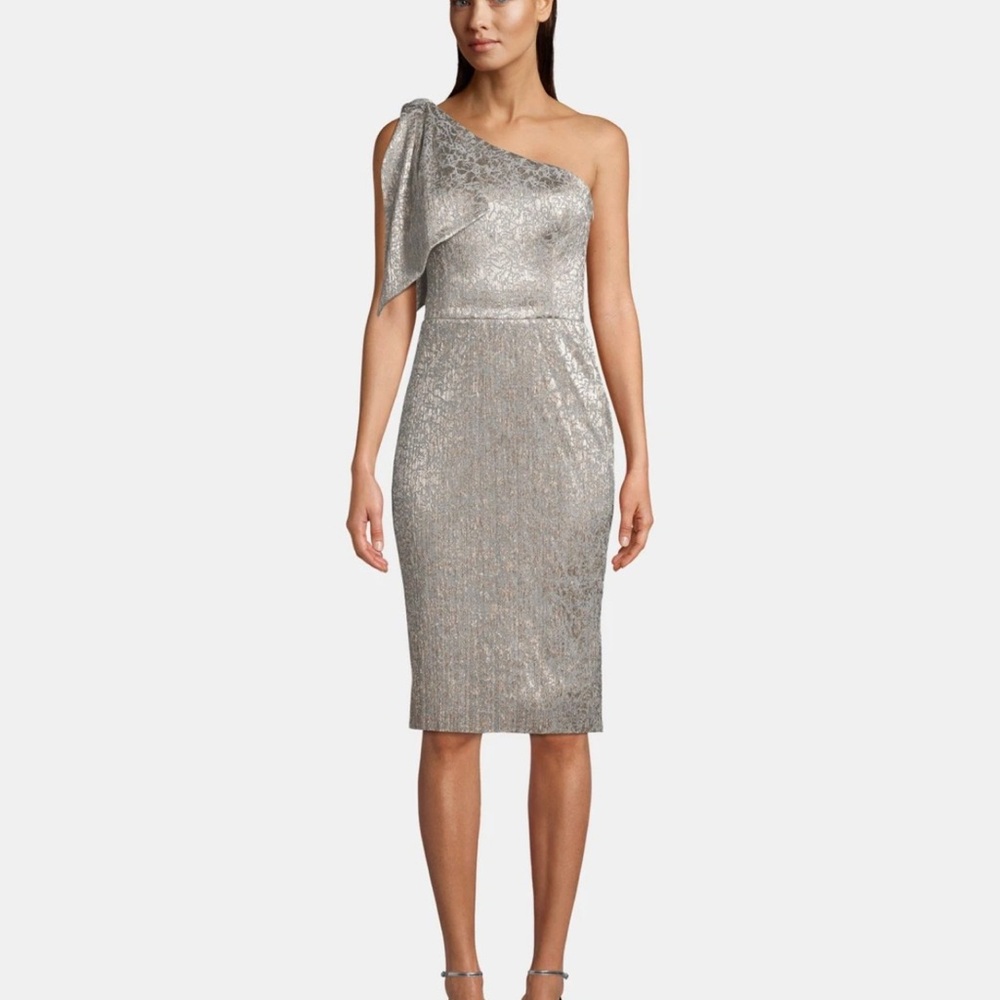 Betsy & Adam Shimmering Silver One-Shoulder Dress